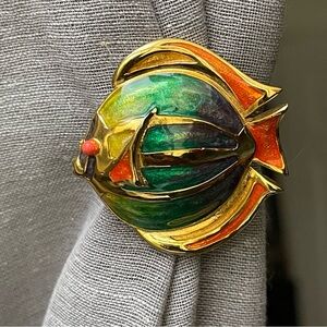 LIZ CLAIBORNE | Vintage | Enamel Fish Pin Gold Tone  Green Orange Brooch Pin